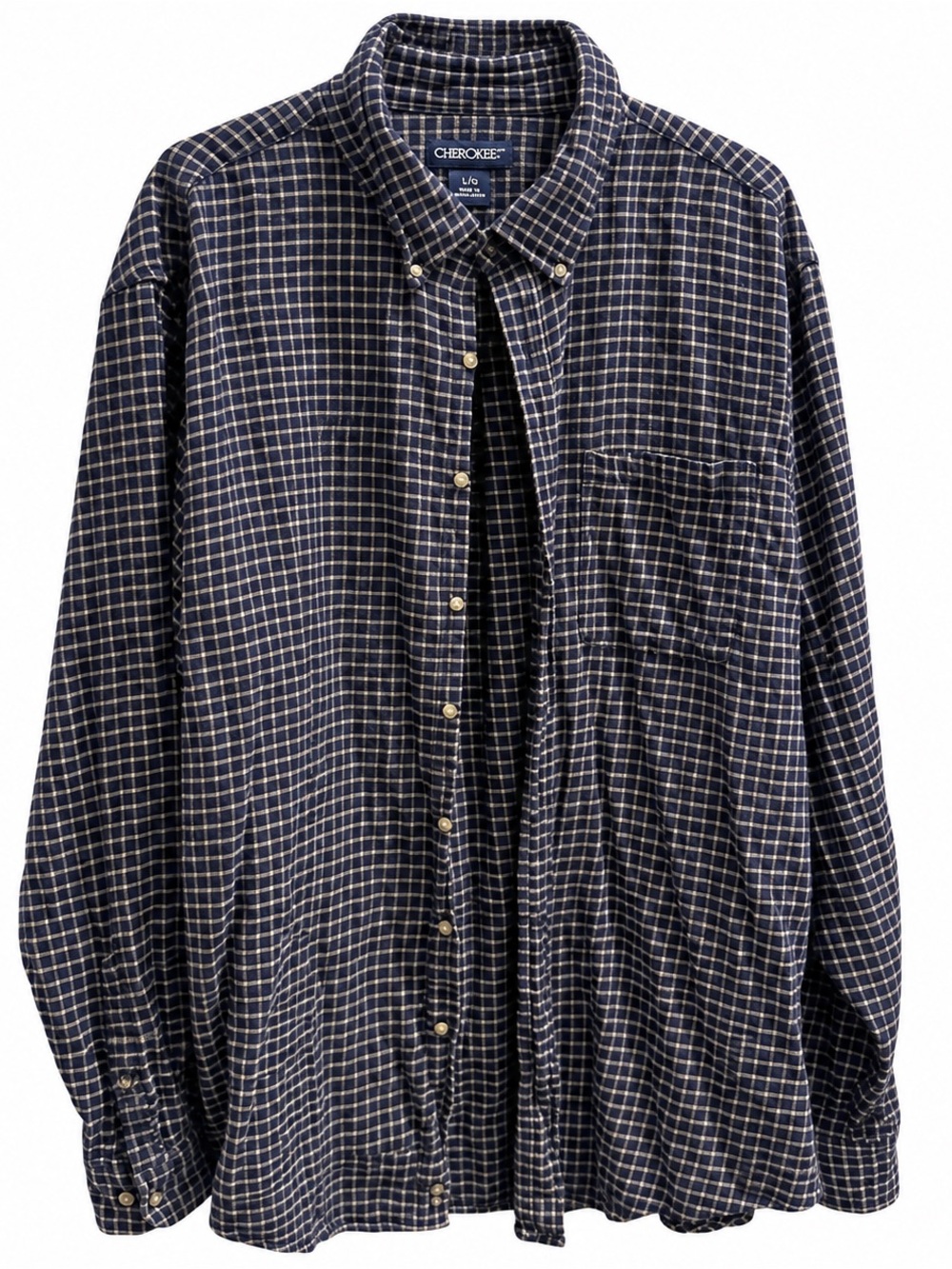 Cherokee Navy Blue Cream Plaid Cotton Flannel Shirt 90s Grunge 2XL Vintage